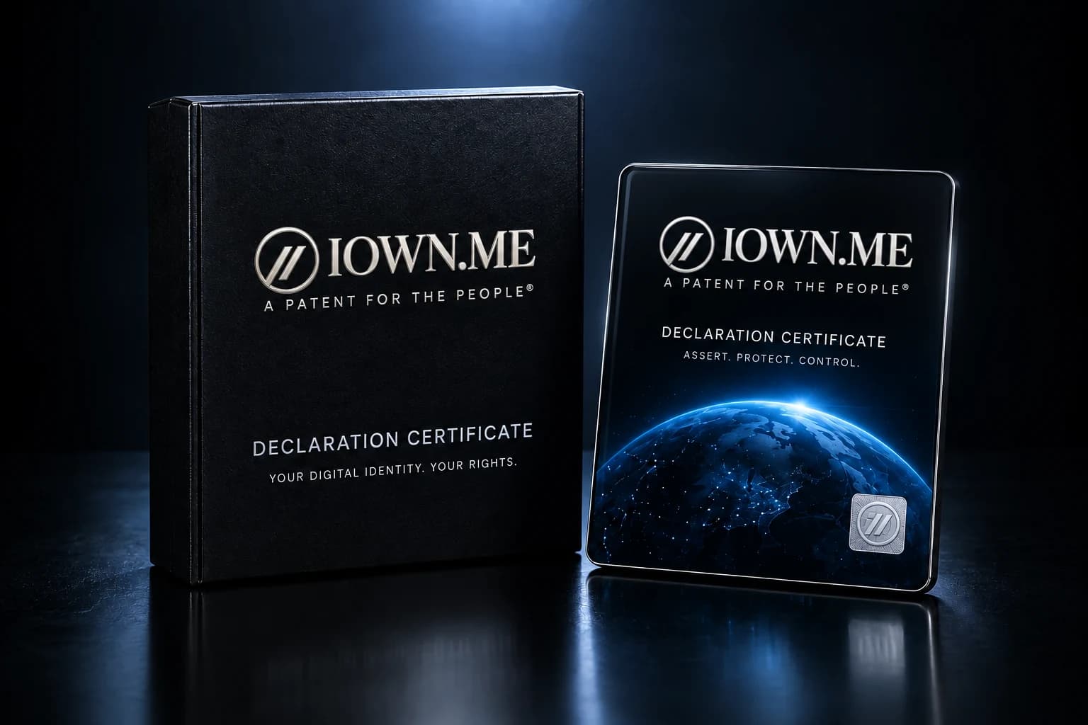 Concept presentation of the IOWN.ME Declaration Certificate: a black presentation box and digital certificate